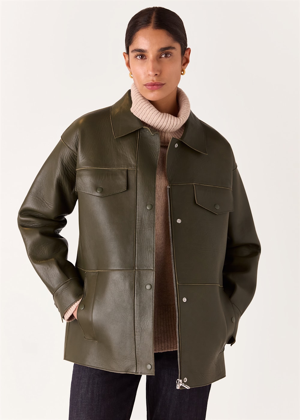 Leather jacket khaki on sale